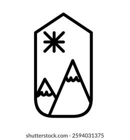 Nature landscape outline in frame with Mountain, Rain Forest, Village, and Flower Vector Illustrations