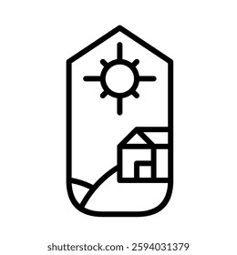 Nature landscape outline in frame with Mountain, Rain Forest, Village, and Flower Vector Illustrations