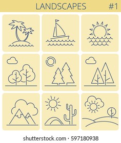 Nature landscape outline icon set: trees, forest, sun, desert, sunset, boat,sea, mountains. Vector thin line symbol and sign set. Isolated infographic elements for web, presentations, social networks.
