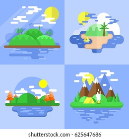 Nature Landscape Panorama Flat Design Outdoor Vector Set Illustration