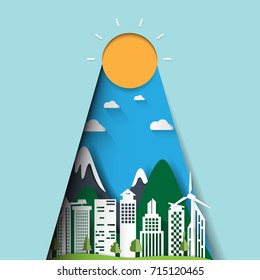 Nature landscape paper art style design.Eco and cityscape with sunshine concept of environment conservation.Vector illustration.