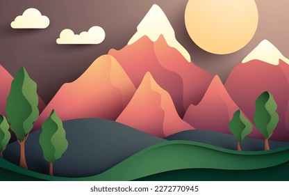 Nature landscape papercut background with mountain tree and moon