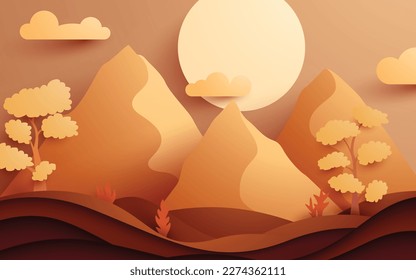 Nature landscape papercut background with mountain and tree
