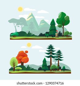 Nature landscape. Park garden background with road trees stones and plants blue sky cartoon vector weather illustration