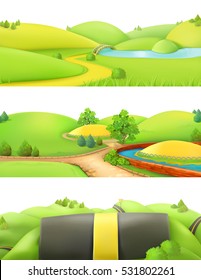 Nature Landscape. Park And Outdoor. Cartoon Game Background. 3d Vector Set