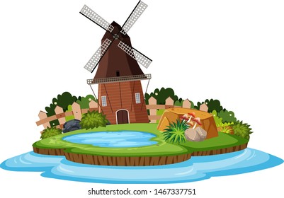 Nature landscape of park with windmill and pond illustration