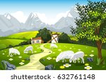 Nature landscape pasture with sheep milk farm vector illustration