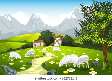 Nature Landscape Pasture With Sheep Milk Farm Vector Illustration