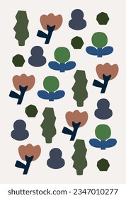 A nature landscape pattern with trees and flowers.Vector print for fabric or wallpaper.A pattern applicable to posters, textiles, packaging, and backgrounds