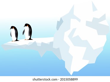 Nature landscape with penguins, icebergs and mountains. Antarctic climate, winter, cold weather. Flightless seabirds living in antarctica. Swimming birds, penguins, marine animals vector illustration
