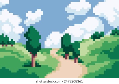 Nature landscape pixel art background. Beautiful sunny view with trees and green land. 8 bit banner. Game development, mobile app template. Backdrop vector illustration. 