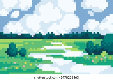 Naturaleza paisaje pixel art fondo. Hermosa vista soleada con árboles y tierra verde. Anuncio de 8 bits. Desarrollo de juegos, Plantilla de App móvil. Ilustración vectorial de fondo. 