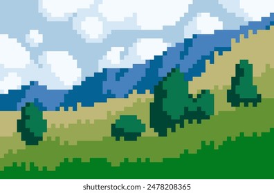 Nature landscape pixel art background. Beautiful sunny view with trees and green land. 8 bit banner. Game development, mobile app template. Backdrop vector illustration. 