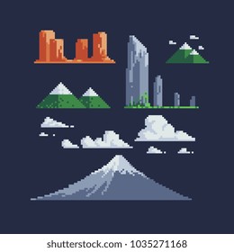 Nature landscape pixel art icons set mountains and stones isolated vector illustration. Element design for sticker, logo. 8-bit sprite. Callanish Standing Stones. Fujiyama mountain and clouds.