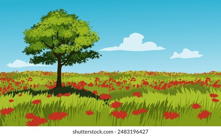 Paisaje de Naturaleza con llanura y un árbol solitario