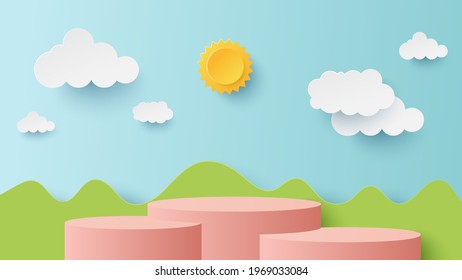 Nature landscape with podium platform to show product. Paper cut and craft style illustration. Summer time background