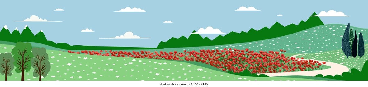 Nature and landscape. Poppy field. Vector illustration of mountains, trees, plants, fields and farms. For prints, cover or card designs, art decoration.