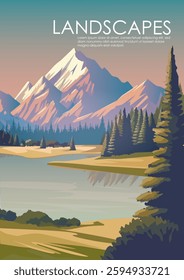 Nature landscape poster. Beautiful rural scenery with village valleys, river, pine forest and mountains. Wild environment panorama. Design element for social networks. Cartoon flat vector illustration