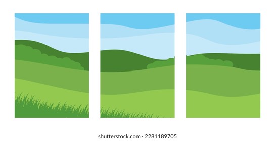 Colección de afiches del paisaje natural. Conjunto de plantillas de impresión de arte contemporáneo con paisajes de campos, colinas verdes, cielo azul de estilo plano. Decoración moderna de las paredes. Ilustración del vector