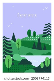Nature landscape poster. Green hills, river water and trees under serene evening sky background. Peaceful countryside summer scenery. Tranquil country environment card. Flat vector illustration
