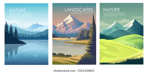 Natureza e paisagem. Cartazes com belas paisagens com montanhas, florestas, lagos e campos verdes. Ambiente e vida selvagem. Coleção de ilustrações de vetor de desenhos animados isolada sobre fundo branco