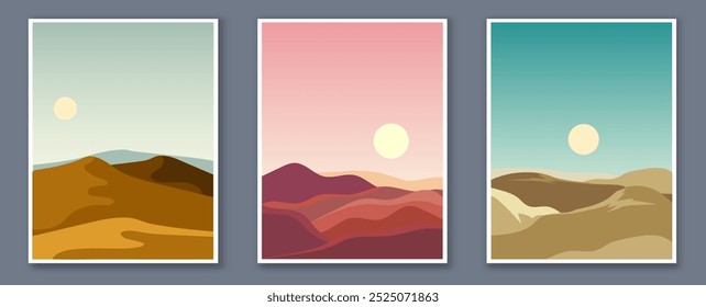 Conjunto de carteles de paisaje de Naturaleza. Montañas por la tarde, tarde y mañana. Hermoso panorama natural y paisaje. Tapa o Anuncio. Colección de Vector plana aislada sobre fondo gris