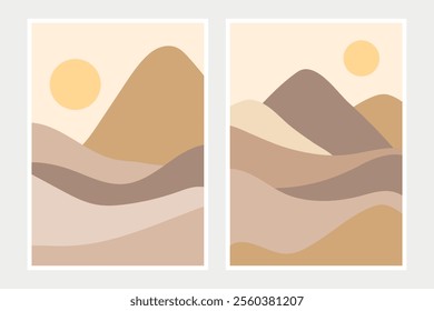 Nature landscape posters for wall art. Autumn Agriculture Fields at the Base of Mountains and Hills. Modern abstract art, eco farming concept for banners, flyers, cover, posters