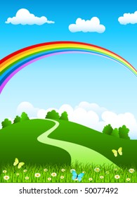 nature landscape with rainbow - vector illustration