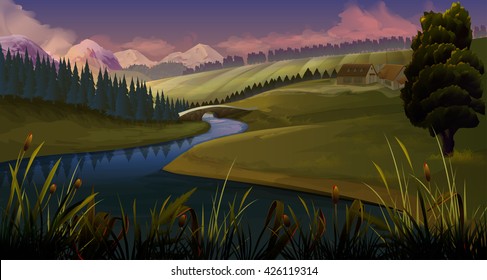 Nature, landscape river evening, vector background