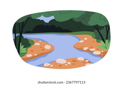 Nature landscape. River in forest. Freshwater, stream flowing in woods among green trees. Summer scenery with fresh water, sand, plants. Flat vector illustration isolated on white background