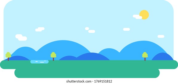 Nature landscape with river, hills ,sun and sky background.Vector illustration.Flat nature scene background.