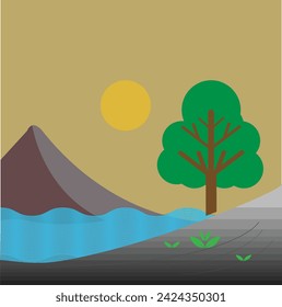 Nature Landscape with River, Mountain, and Sky. Geometrical shapes. abstract minimalist vector nature landscape, High definition, nature water river mountain scenery, sunlight, dawn. wall art