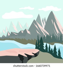 Nature landscape with a river and steep rock face or top of mountain. Flat Art Vector Illustration