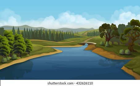 Nature landscape, river, vector background