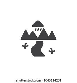 Nature landscape with river vector icon. filled flat sign for mobile concept and web design. Rocks, clouds and rain simple solid icon. Symbol, logo illustration. Pixel perfect vector graphics