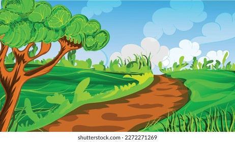 Nature landscape of riverside during sunrise on horizon, mountains and river scenery vector illustration