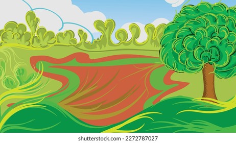 Nature landscape of riverside during sunrise on horizon, mountains and river scenery vector illustration