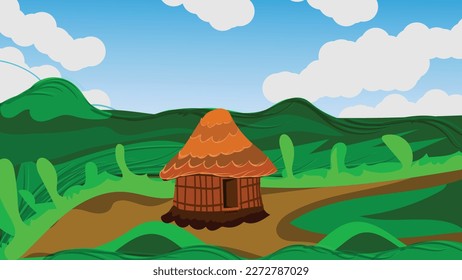 Nature landscape of riverside during sunrise on horizon, mountains and river scenery vector illustration
