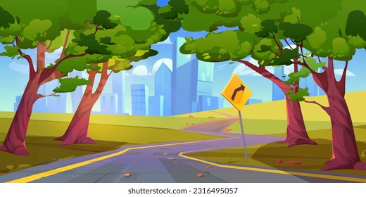 Nature landscape with road, city on horizon, trees and clouds in sky. Summer scene with empty highway, green fields, road sign and town buildings, vector cartoon illustration