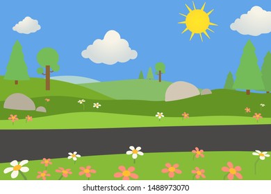 nature landscape with road on summer day.Meadow view with clouds.Green Field nature scene.public park in day.Beautiful scene park  