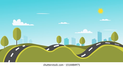 Nature landscape with road and town vector illustration.Curve hills and street nature.Park scene wih town