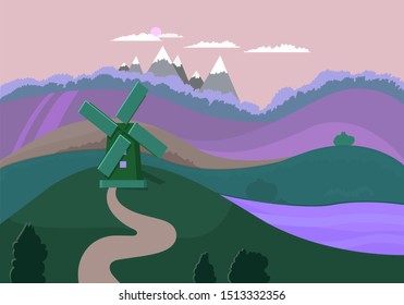 Nature landscape with rolling hills and fields, windmill, montains. Vector illustration.