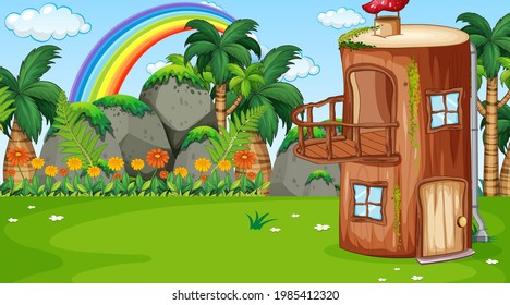 Nature landscape scene background with fantasy log house illustration