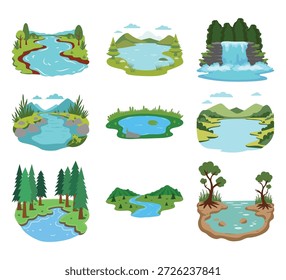 Coleção de paisagens naturais. Vetor floresta rio e vistas montanha para campismo ao ar livre ou viagem aventura design
