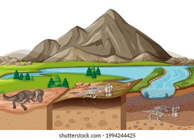 Nature landscape scene at daytime with dinosaur fossils in soil layers  illustration