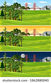 Nature landscape scene at different times of day illustration
