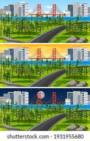 Nature landscape scene at different times of day illustration