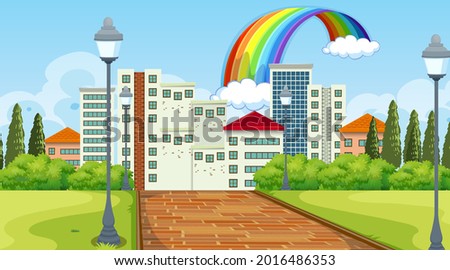 Nature landscape scene with many bulding in the city background illustration