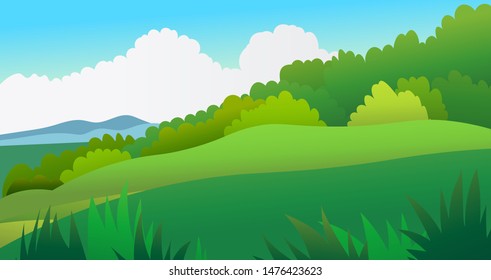 nature landscape scene with sky background vector illustration.Beautiful meadow nature scene.Hill with tropical forest.