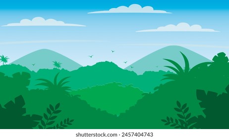 nature landscape scene with sky background vector illustration.Beautiful meadow nature scene.Hill with tropical forest.